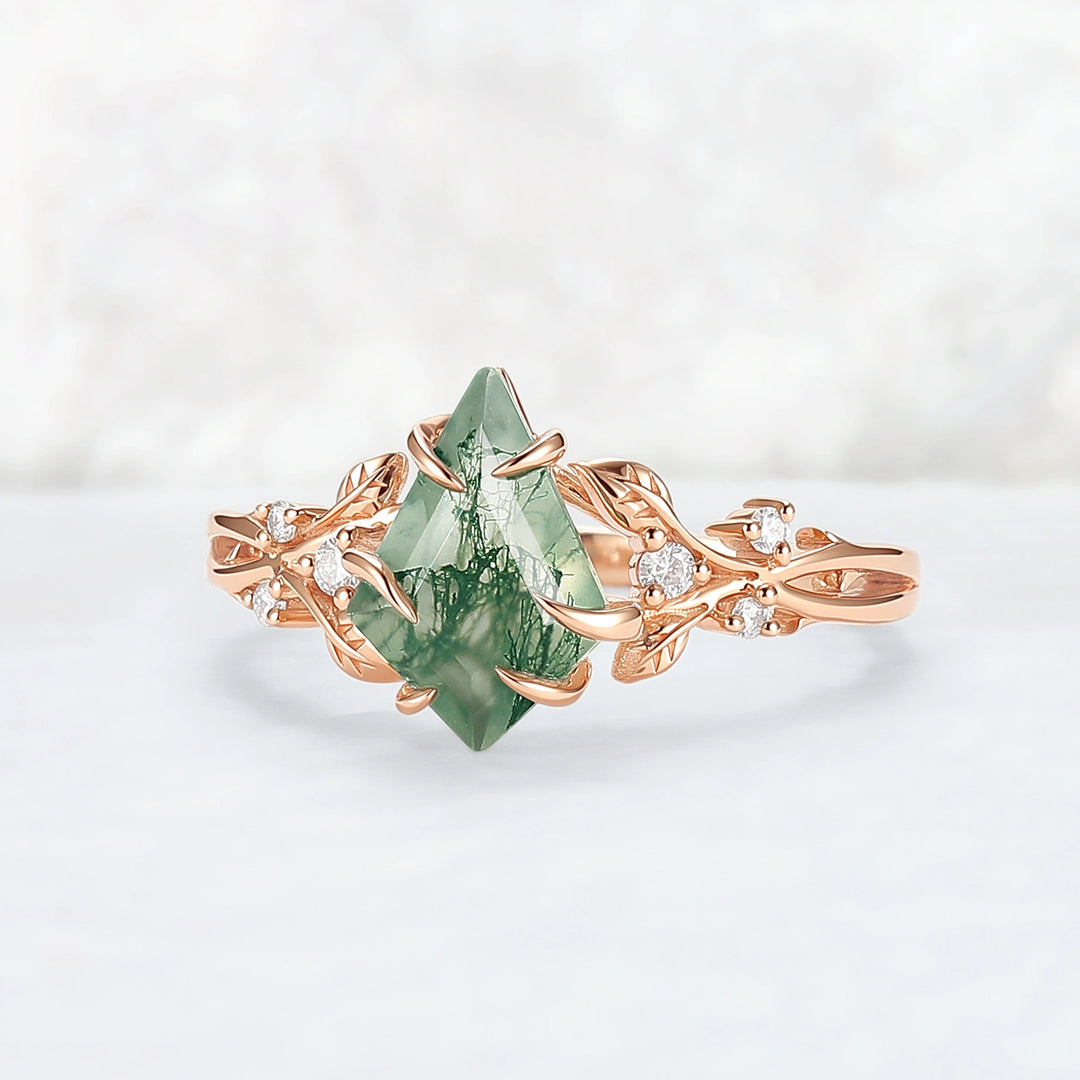 Nature-Inspired Kite-Cut Moss Agate Ring with Vine Band and Leaf Claw Design