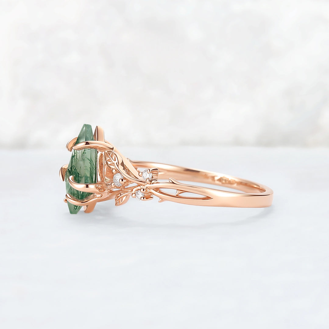 Nature-Inspired Kite-Cut Moss Agate Ring with Vine Band and Leaf Claw Design