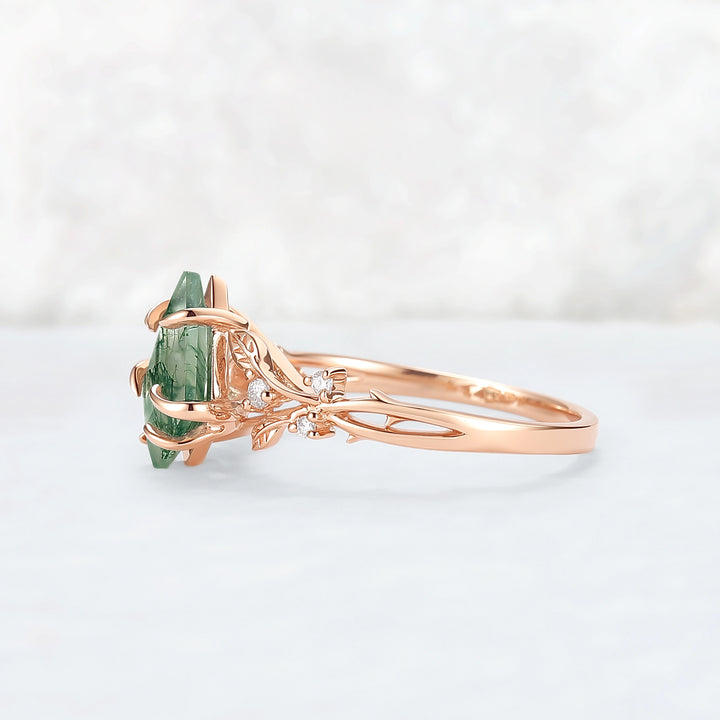 Nature-Inspired Kite-Cut Moss Agate Ring with Vine Band and Leaf Claw Design