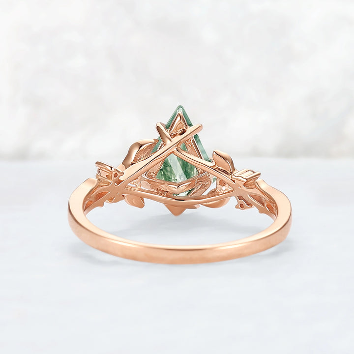 Nature-Inspired Kite-Cut Moss Agate Ring with Vine Band and Leaf Claw Design
