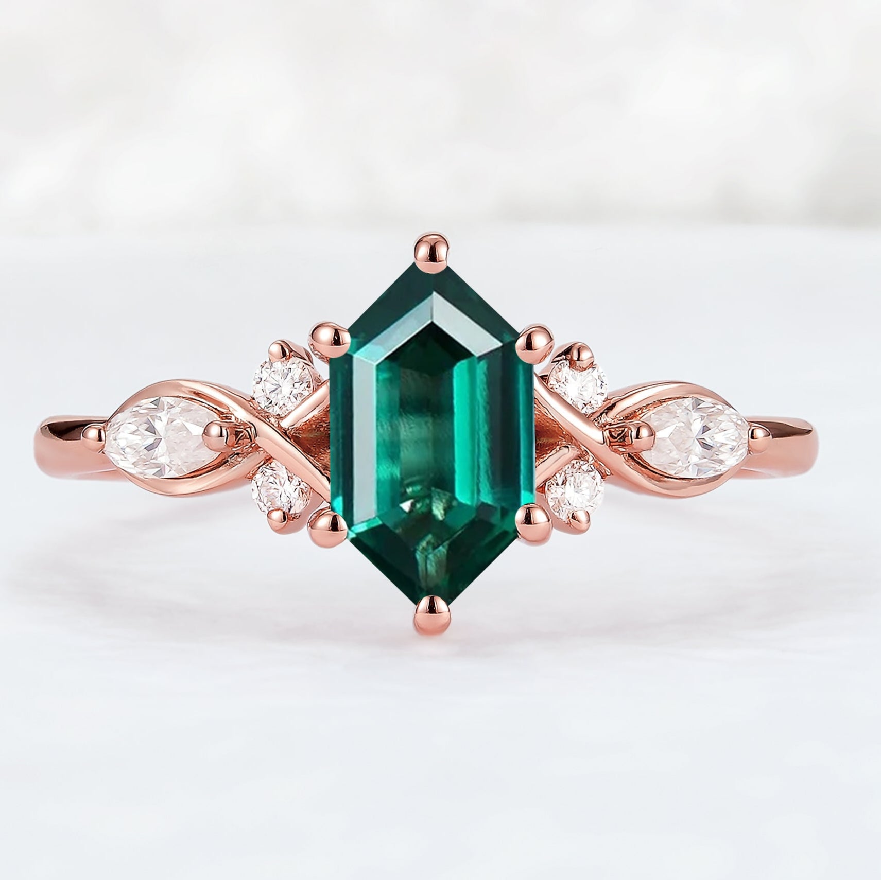Nature Hexagon Cut Emerald Five Stone Engagement Ring-1