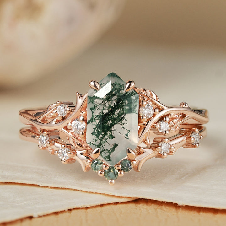 Nature Hexagon Cut Moss Agate Vine Engagement Ring Set 2pcs