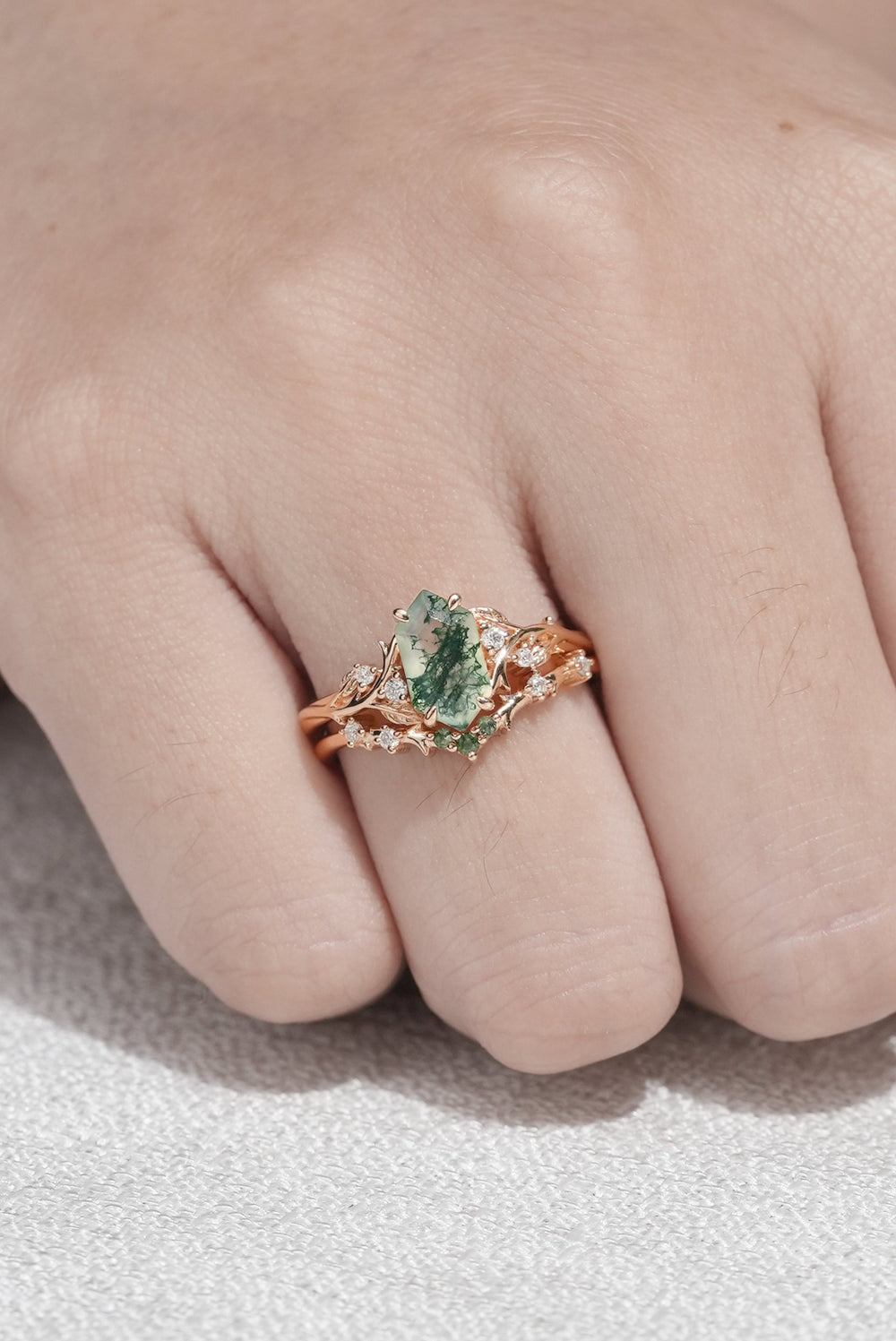 Nature Hexagon Cut Moss Agate Vine Engagement Ring Set 2pcs-1