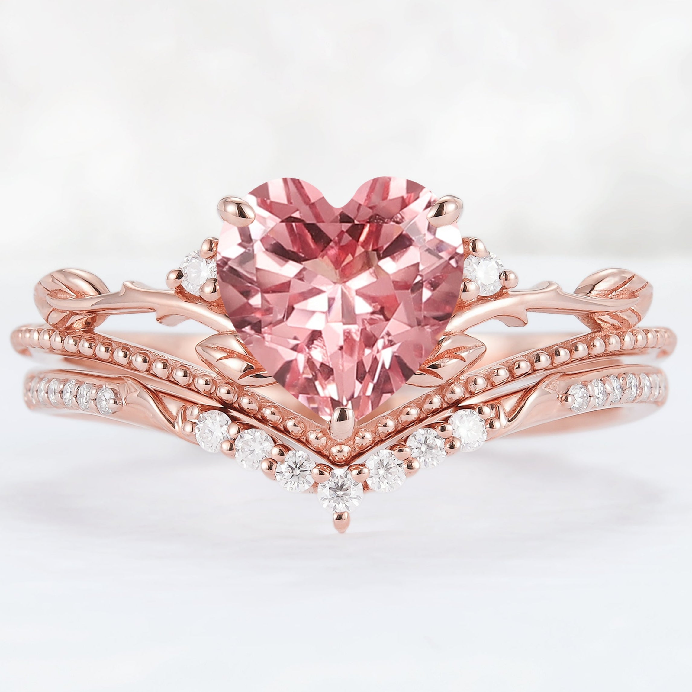 Nature Insipred Lab Padparadscha Leaf Vine Engagement Ring Set 2pcs