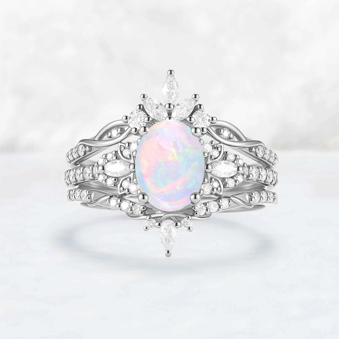 Nature Inspired Cross Oval Ring Set with Moissanite 3pcs Set - IverJewelry