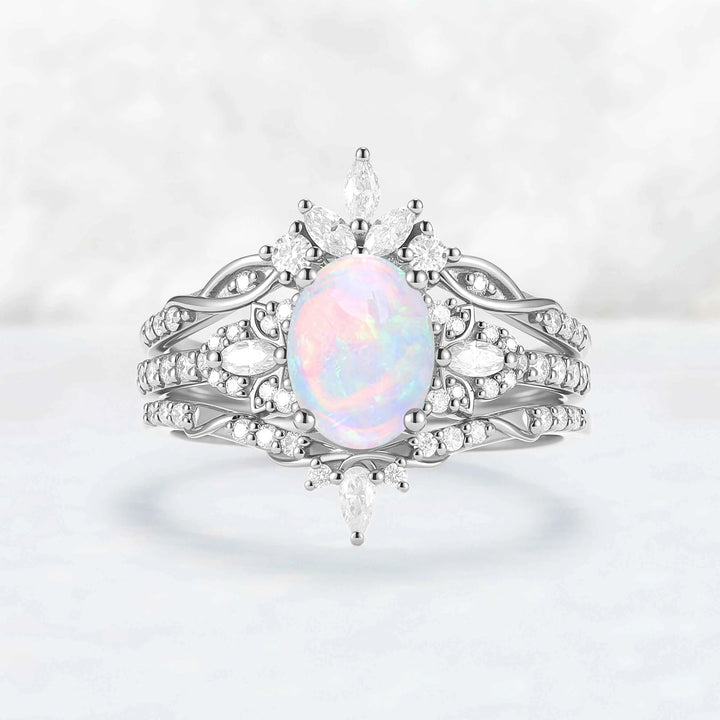 Nature Inspired Cross Oval Ring Set with Moissanite 3pcs Set - IverJewelry
