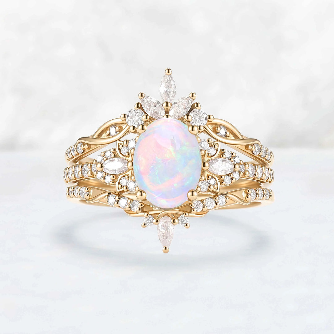 Nature Inspired Cross Oval Ring Set with Moissanite 3pcs Set - IverJewelry