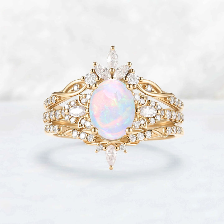 Nature Inspired Cross Oval Ring Set with Moissanite 3pcs Set - IverJewelry