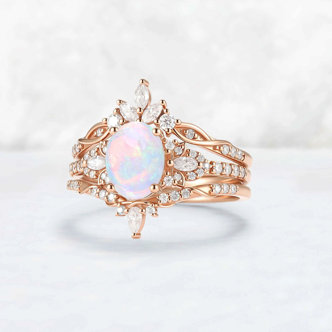 Nature Inspired Cross Oval Ring Set with Moissanite 3pcs Set - IverJewelry