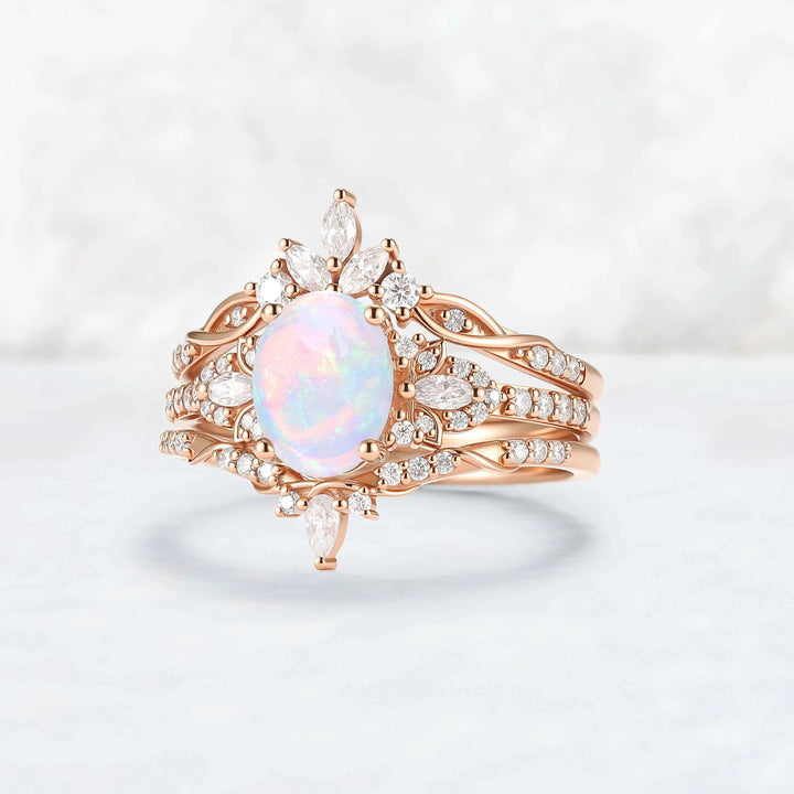 Nature Inspired Cross Oval Ring Set with Moissanite 3pcs Set - IverJewelry