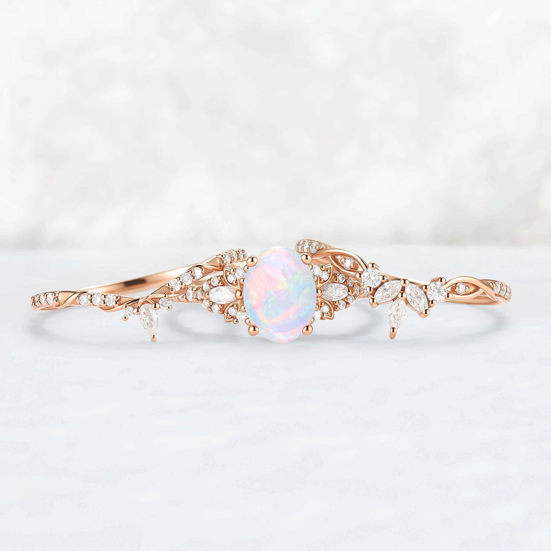 Nature Inspired Cross Oval Ring Set with Moissanite 3pcs Set - IverJewelry