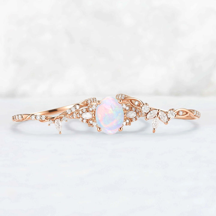 Nature Inspired Cross Oval Ring Set with Moissanite 3pcs Set - IverJewelry