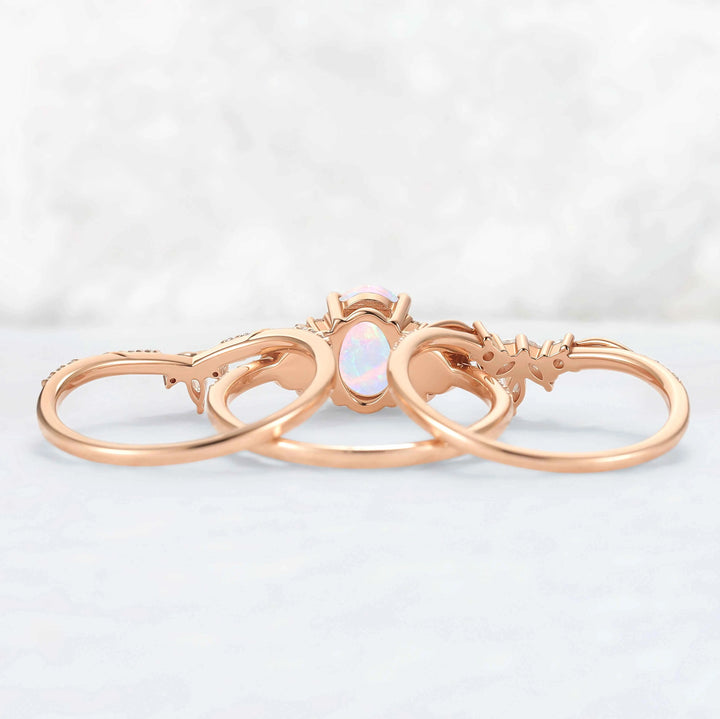 Nature Inspired Cross Oval Ring Set with Moissanite 3pcs Set - IverJewelry