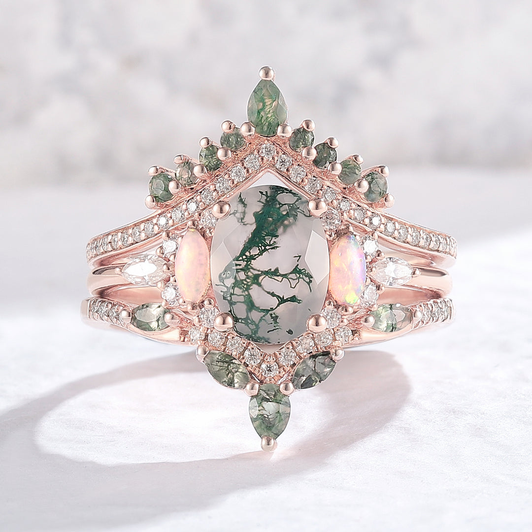 Nature Inspired Oval Cut Moss Agate Cluster Engagement Ring Set 3pcs