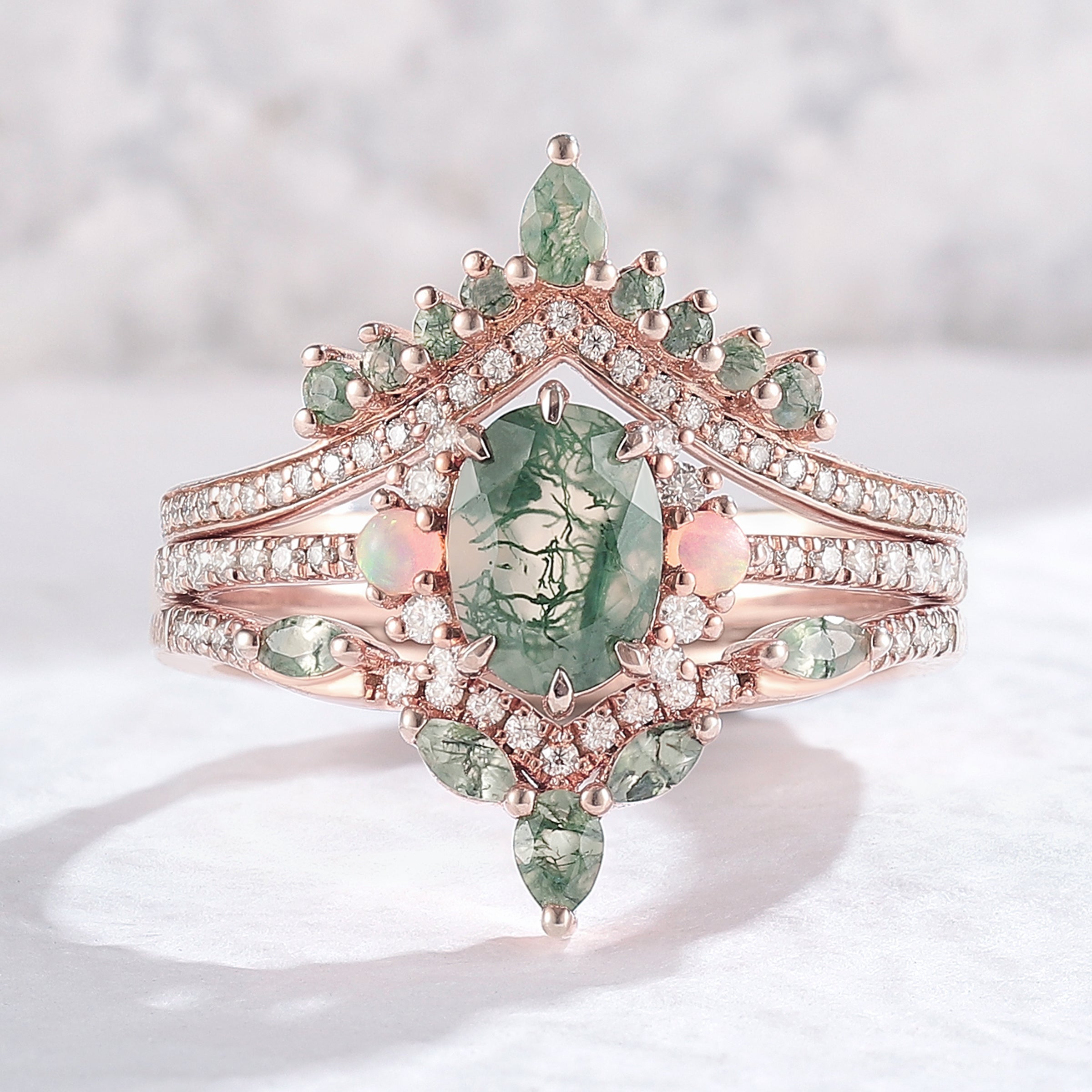 Nature Inspired Oval Cut Moss Agate Half Eternity Engagement Ring Set 3pcs - Iver Jewelry