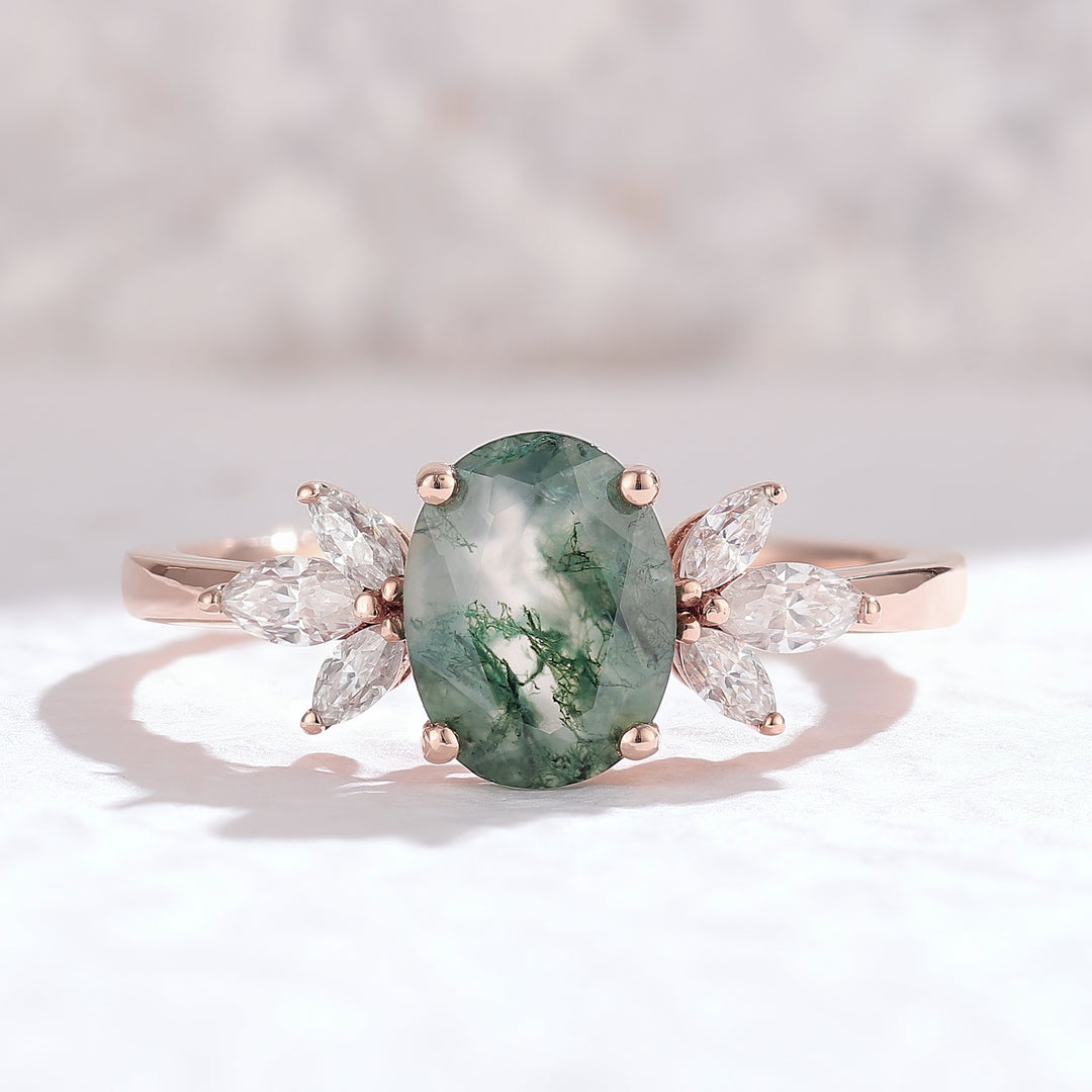 Nature Inspired Oval Cut Moss Agate with Petal Side Engagement Ring
