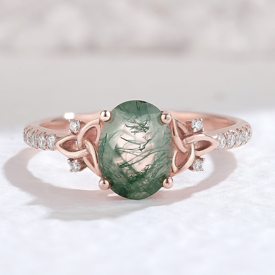 Nature Inspired Oval Moss Agate Vine Engagement Ring