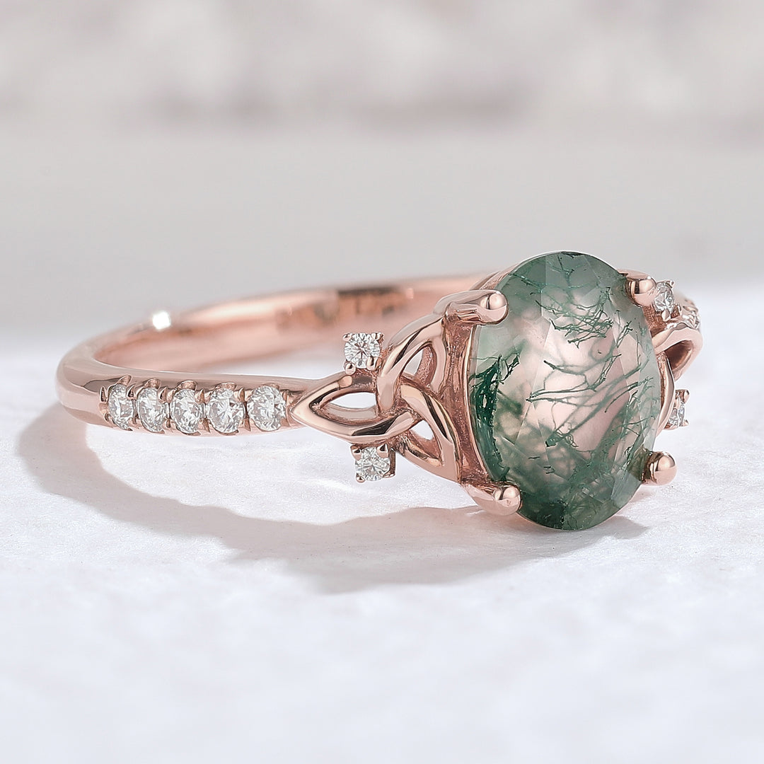 Nature Inspired Oval Moss Agate Vine Engagement Ring