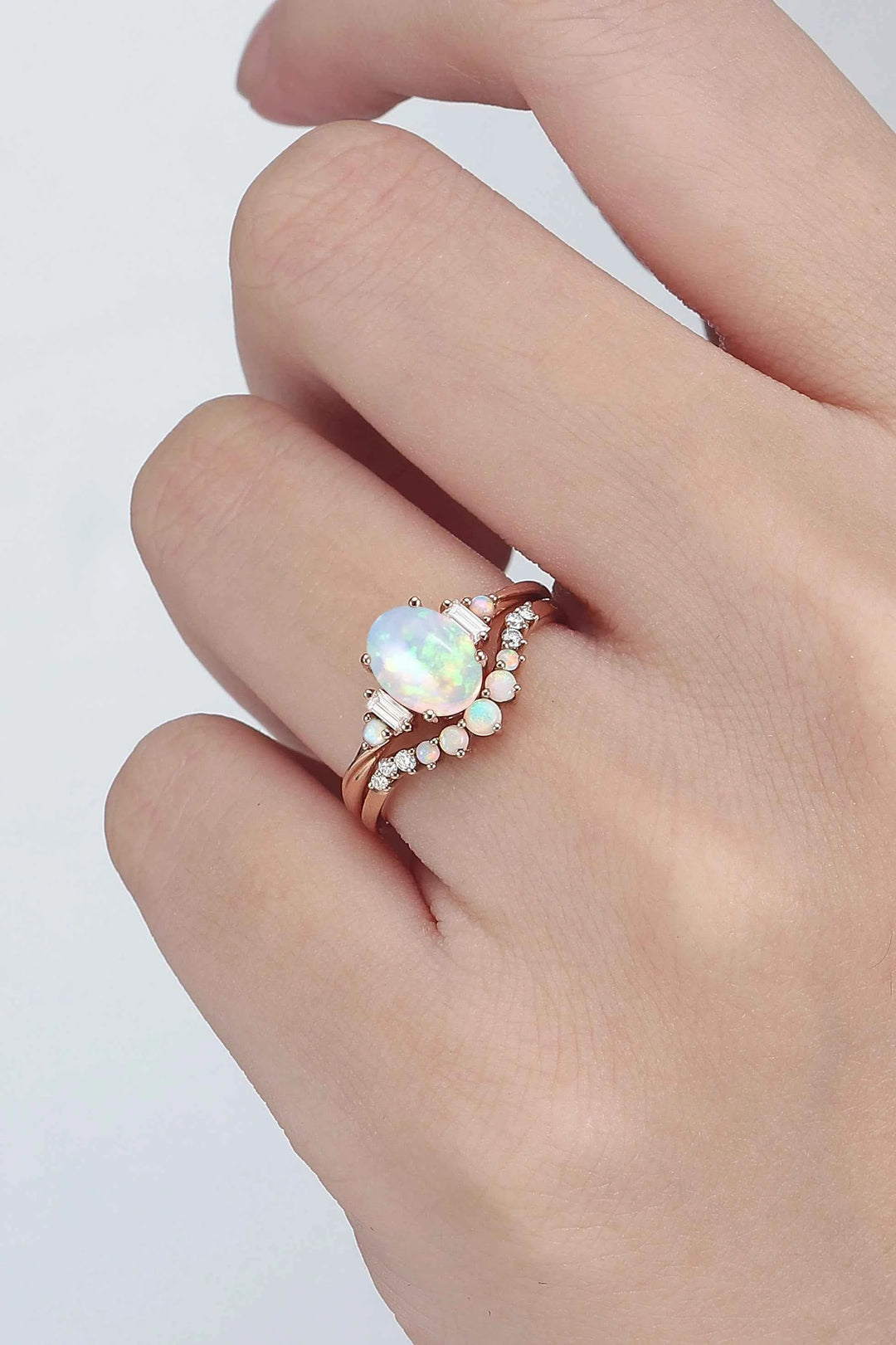 Nature Inspired Oval Ring Set with Moissanite 2pcs Set - IverJewelry