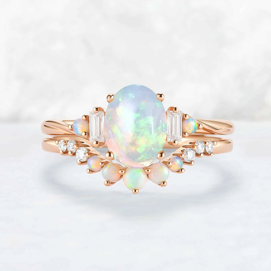 Nature Inspired Oval Ring Set with Moissanite 2pcs Set - IverJewelry