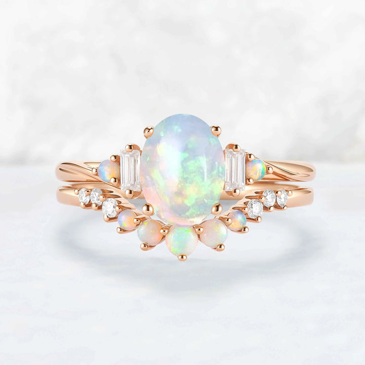 Nature Inspired Oval Ring Set with Moissanite 2pcs Set - IverJewelry