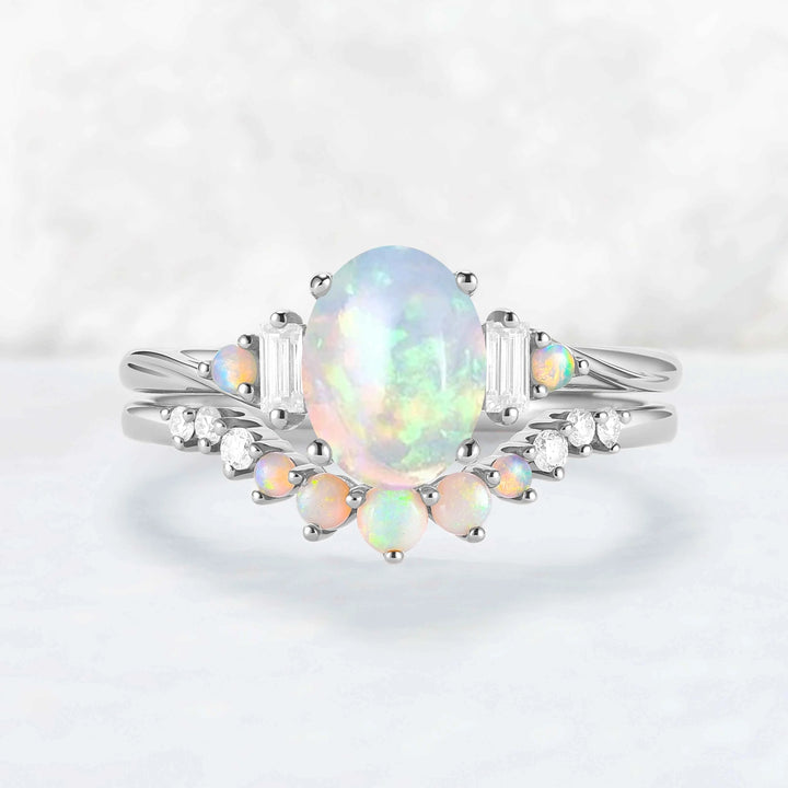 Nature Inspired Oval Ring Set with Moissanite 2pcs Set - IverJewelry