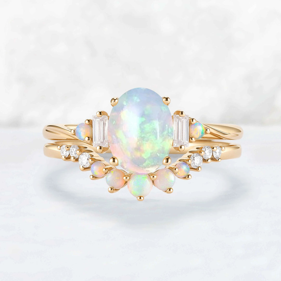 Nature Inspired Oval Ring Set with Moissanite 2pcs Set - IverJewelry