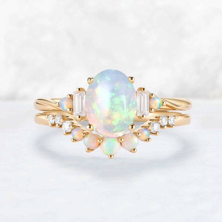 Nature Inspired Oval Ring Set with Moissanite 2pcs Set - IverJewelry