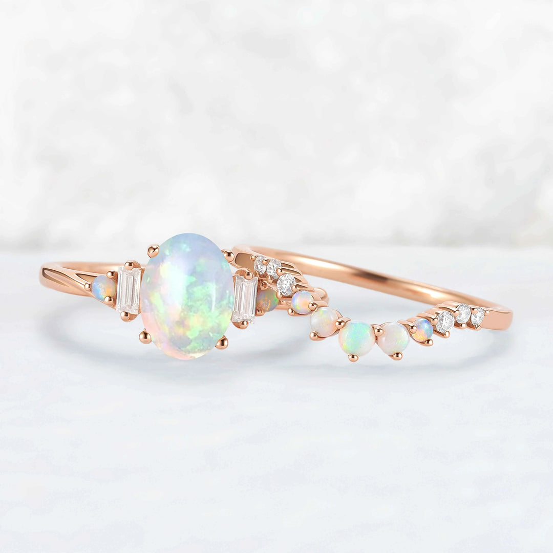 Nature Inspired Oval Ring Set with Moissanite 2pcs Set - IverJewelry