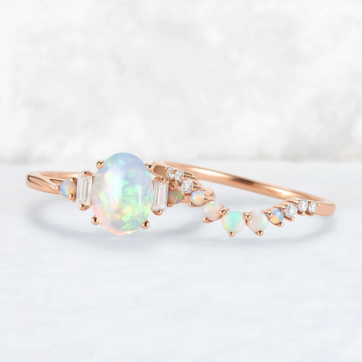 Nature Inspired Oval Ring Set with Moissanite 2pcs Set - IverJewelry