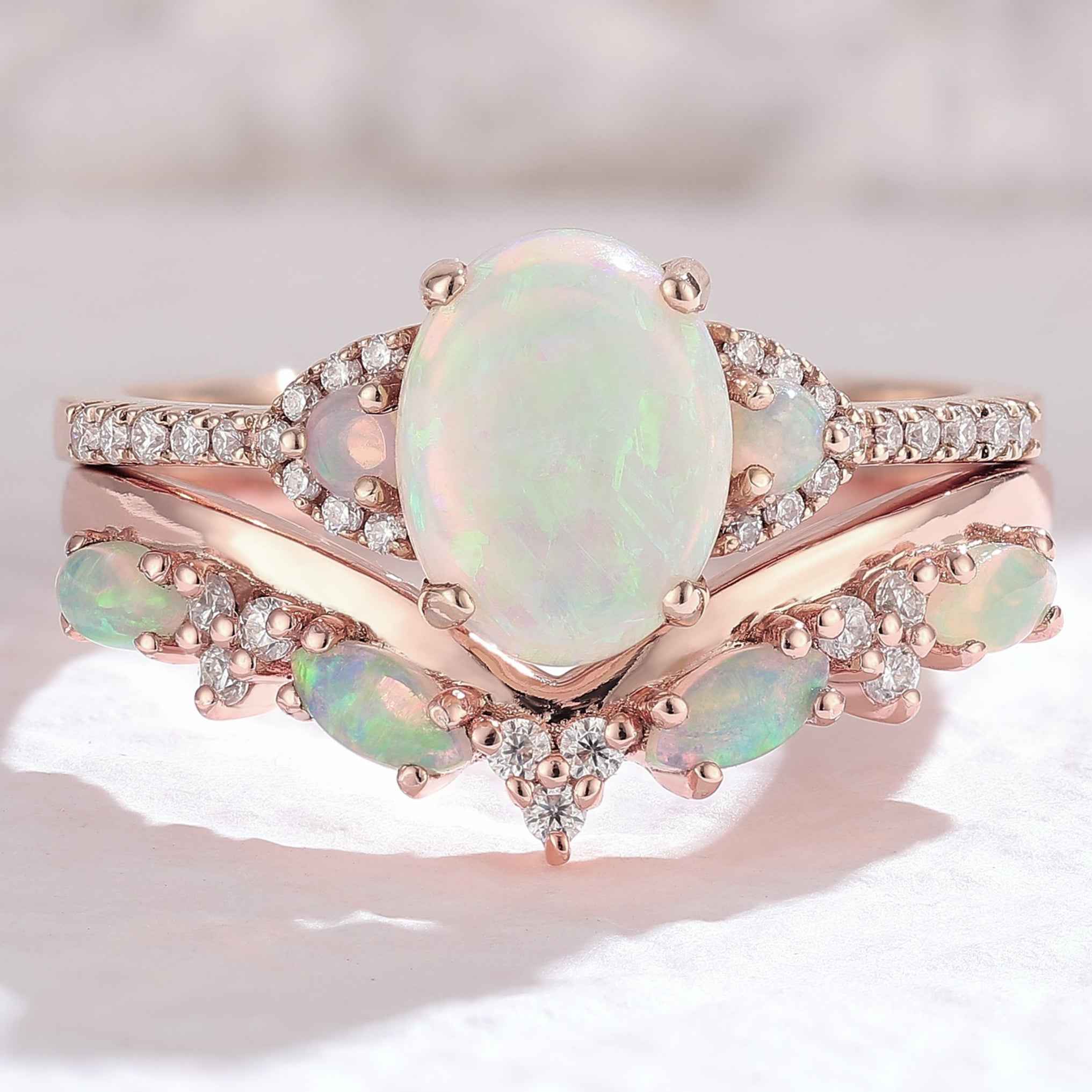 Nature Inspired Oval Shaped Opal Gemstone Ring Set 2pcs