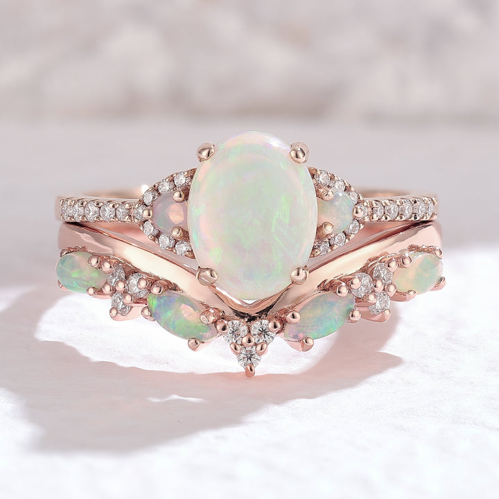 Nature Inspired Oval Shaped Opal Engagement Ring Set 2pcs