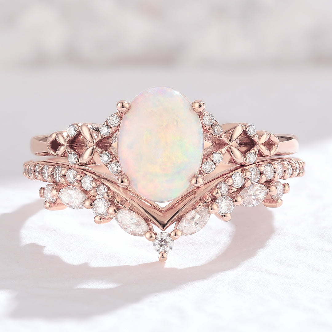 Nature Inspired Oval Shaped Opal Engagement Ring Set 2pcs