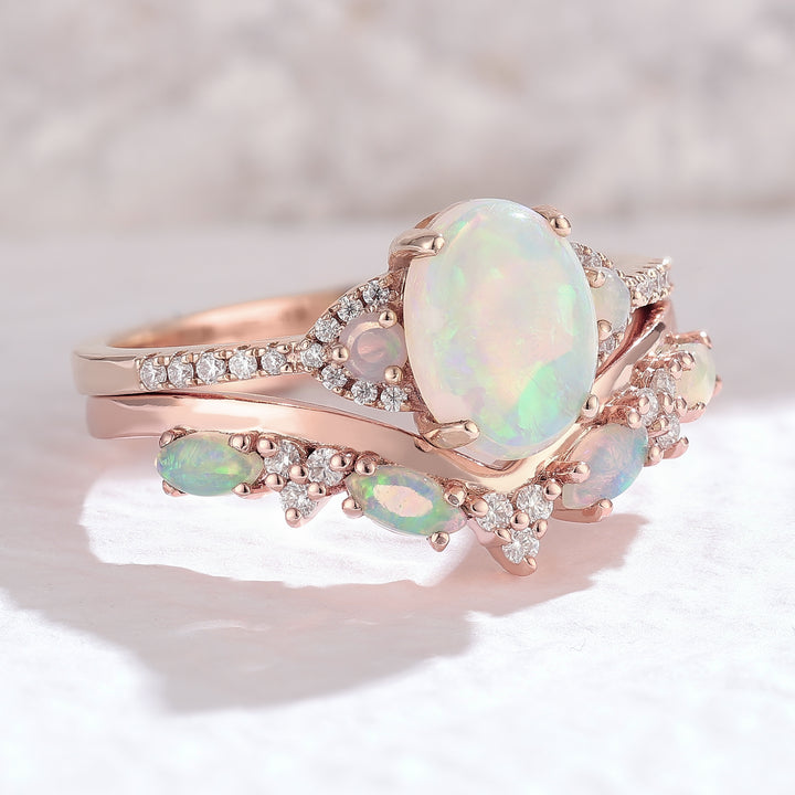 Nature Inspired Oval Shaped Opal Engagement Ring Set 2pcs