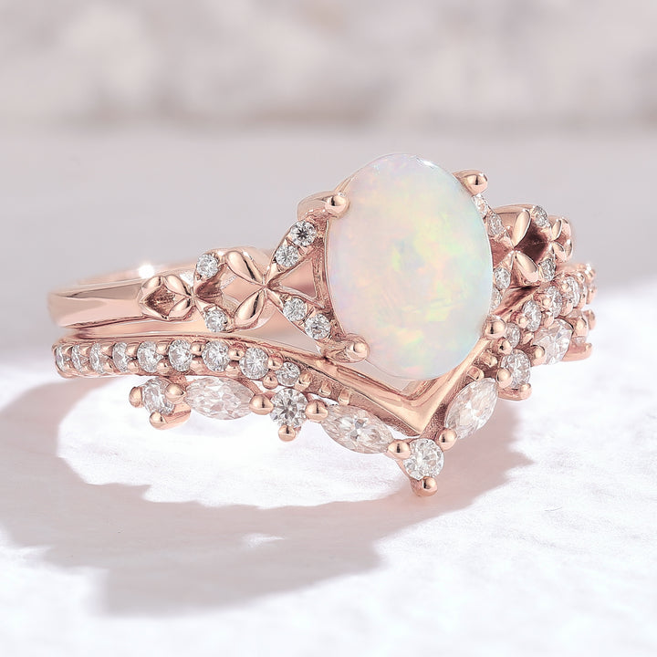 Nature Inspired Oval Shaped Opal Engagement Ring Set 2pcs