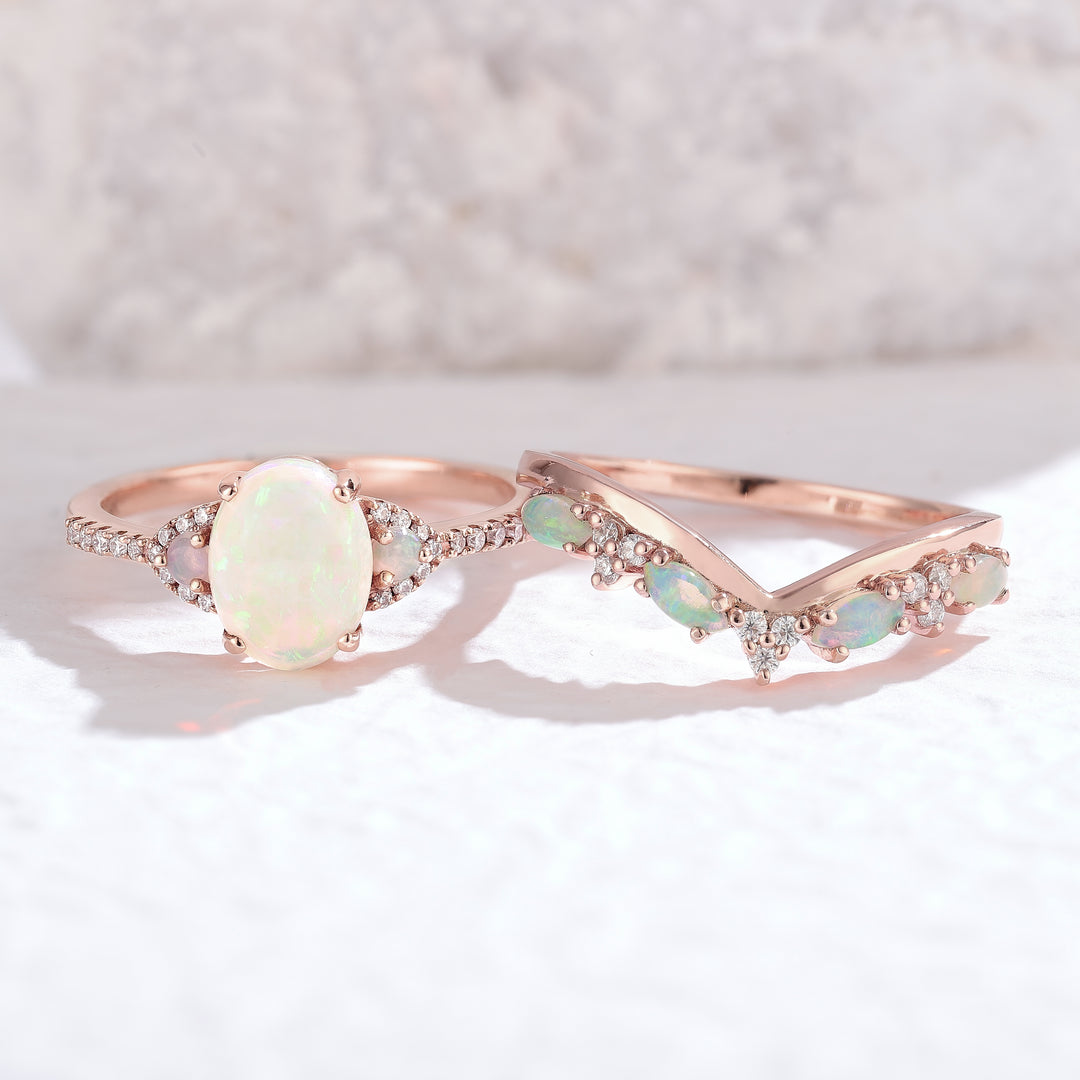 Nature Inspired Oval Shaped Opal Engagement Ring Set 2pcs