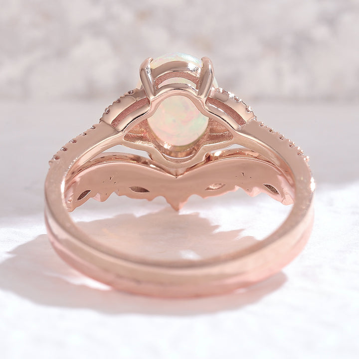 Nature Inspired Oval Shaped Opal Engagement Ring Set 2pcs