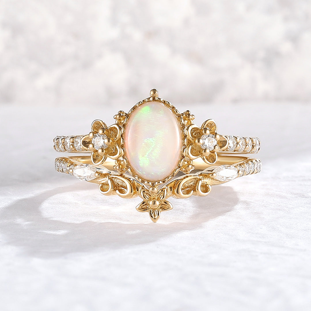 Nature Inspired Oval Shaped Opal Flora Engagement Ring 2pcs
