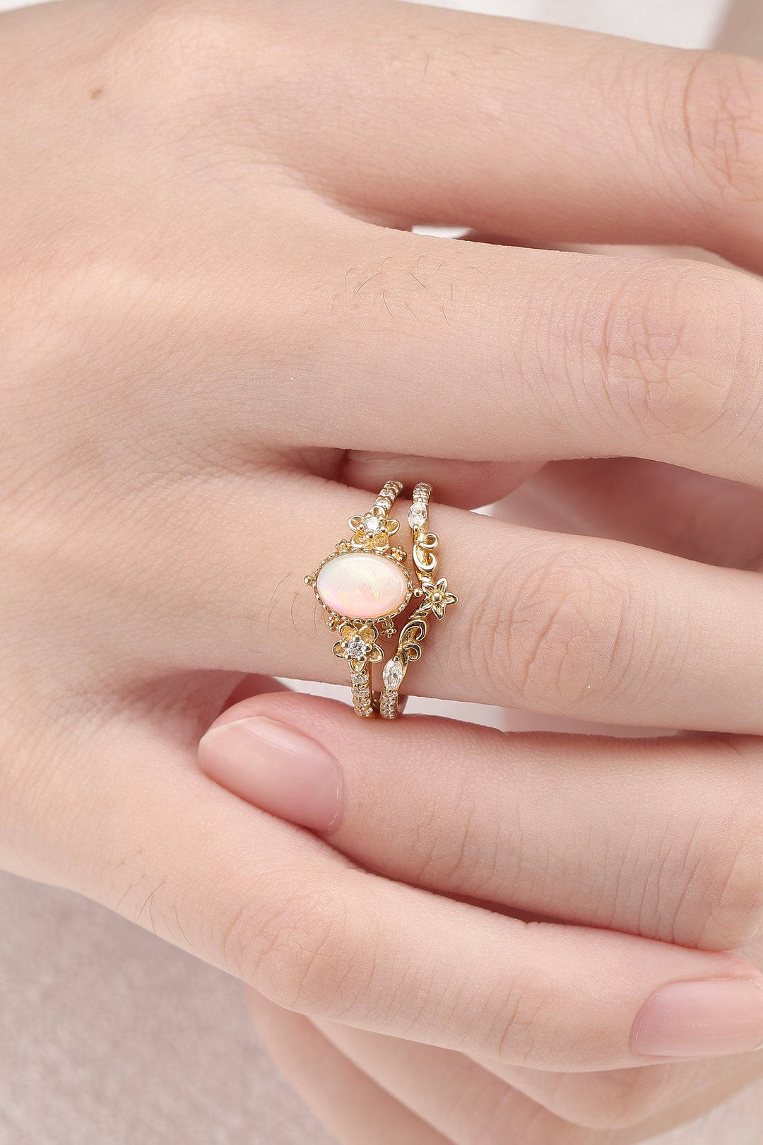 Nature Inspired Oval Shaped Opal Flora Engagement Ring 2pcs