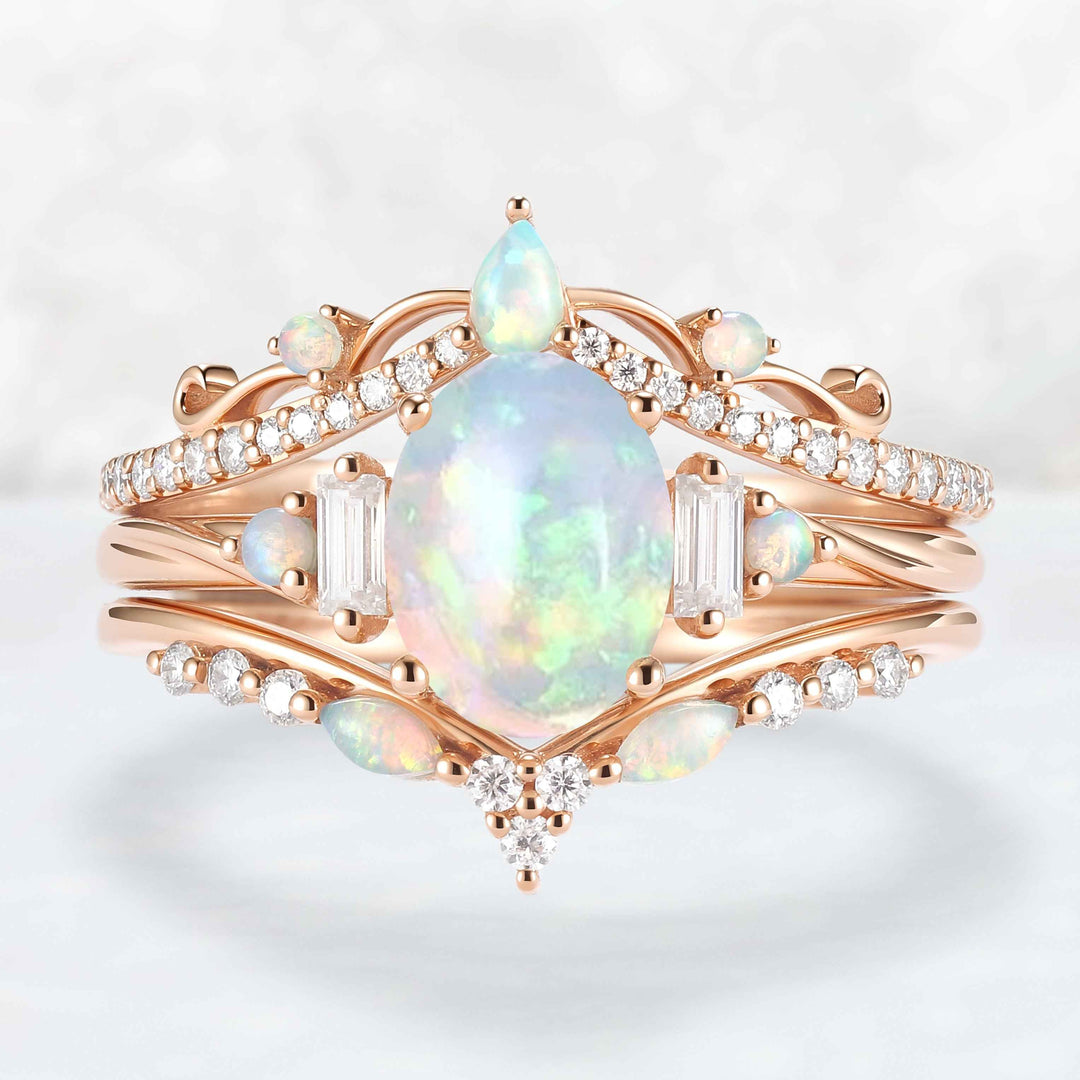 Nature Inspired Oval Shaped Opal Ring Set 3pcs