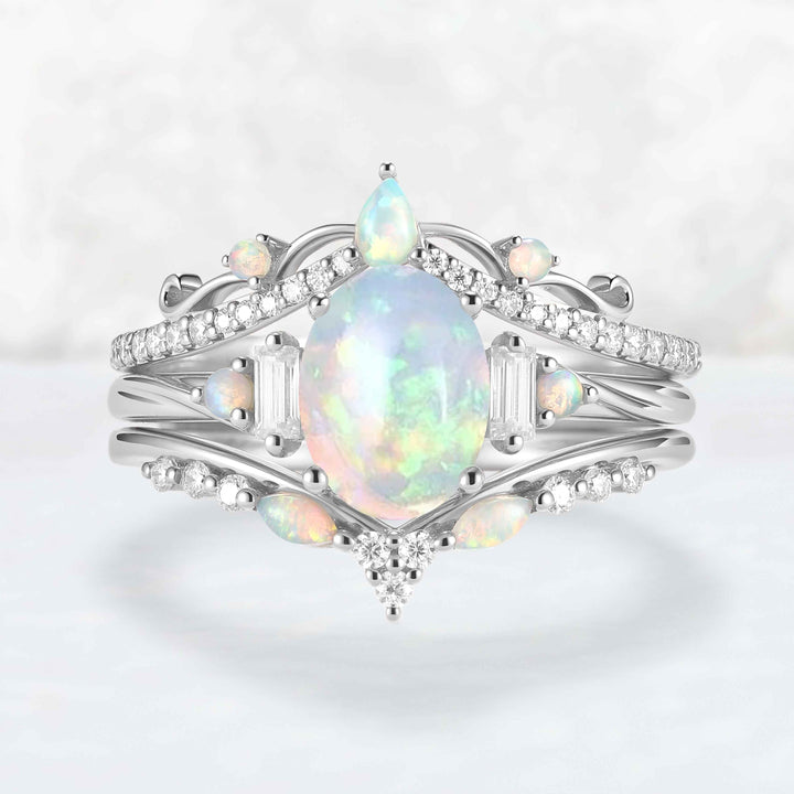 Nature Inspired Oval Shaped Opal Ring Set 3pcs