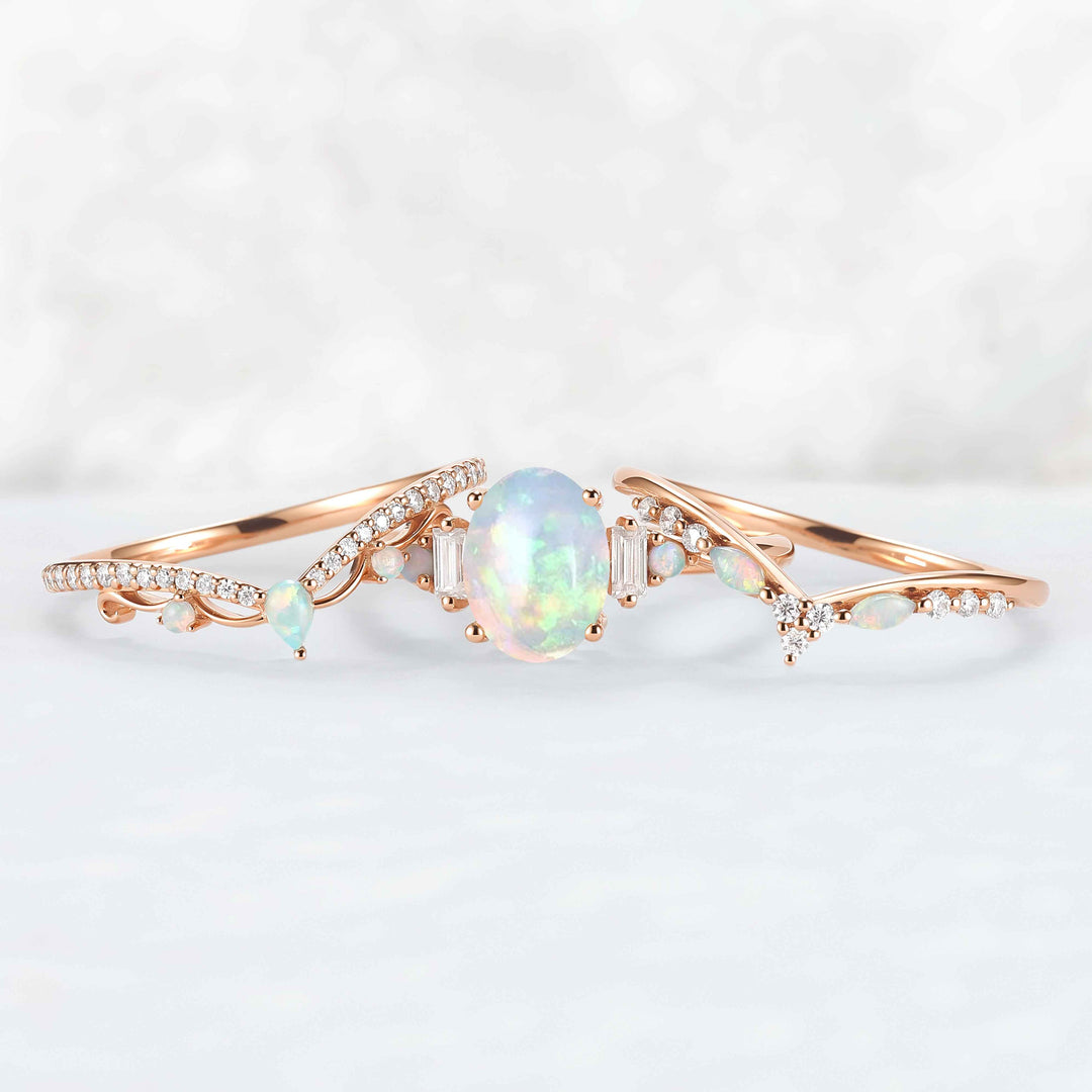 Nature Inspired Oval Shaped Opal Ring Set 3pcs