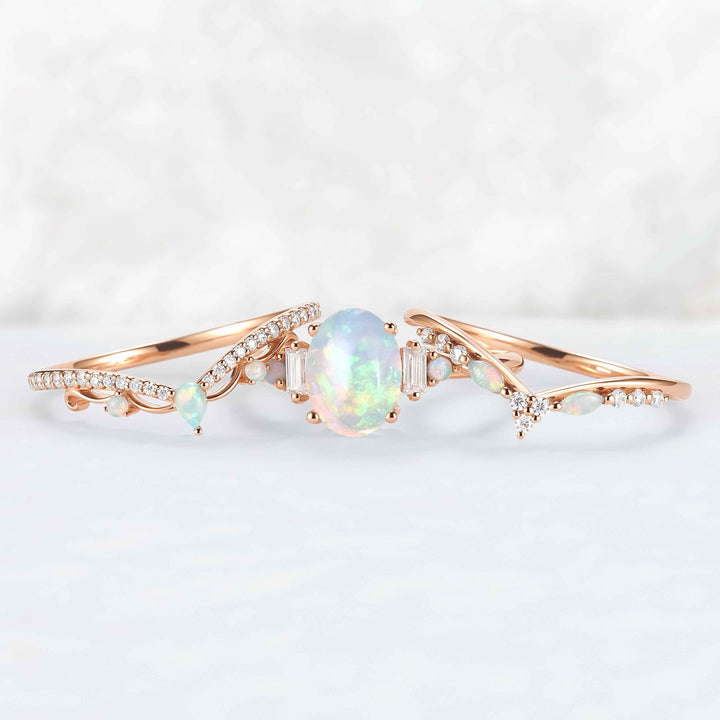 Nature Inspired Oval Shaped Opal Ring Set 3pcs