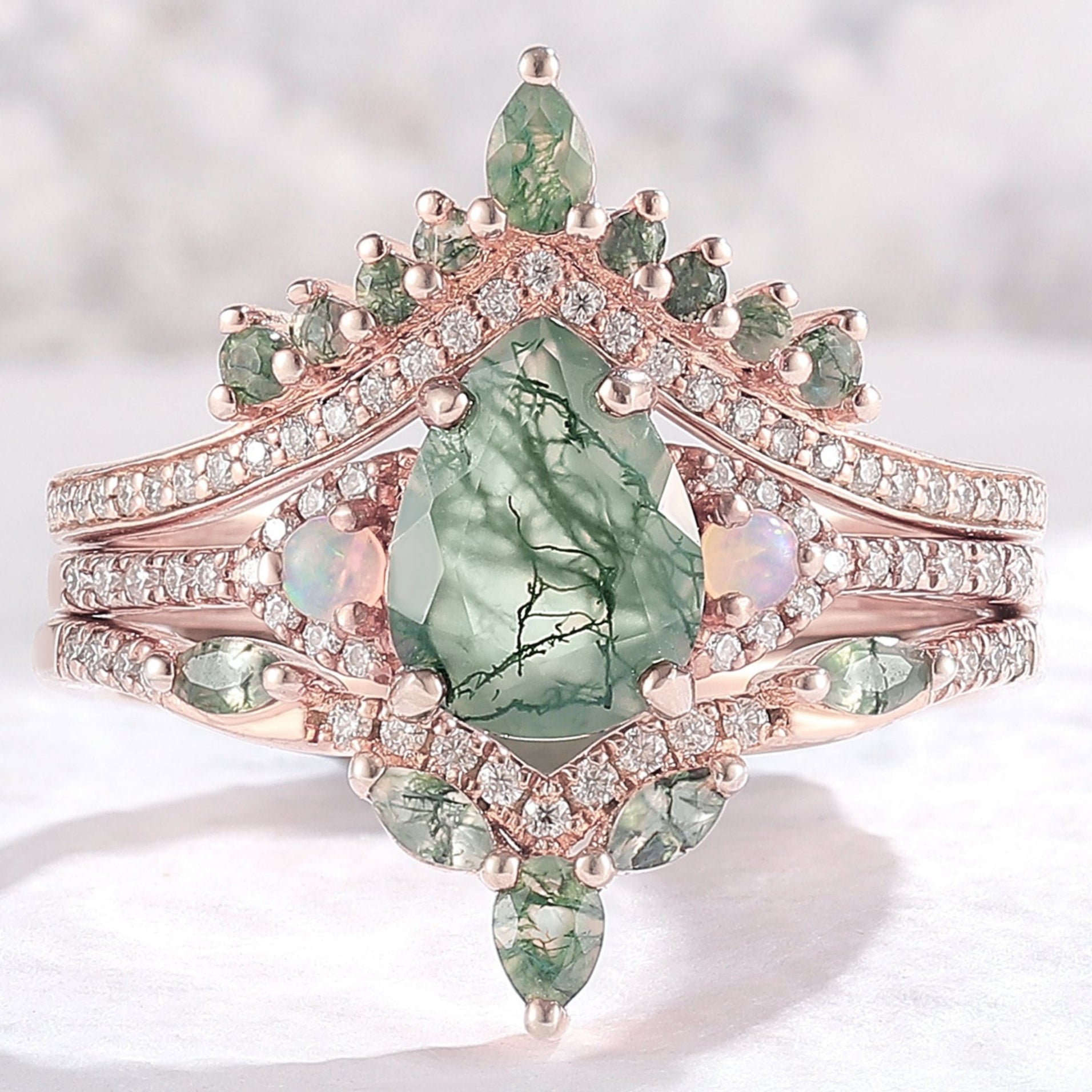 NatureInspiredPearCutMossAgateHalfEternityEngagementRingSet3pcs_2