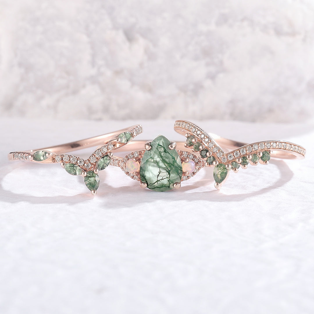 NatureInspiredPearCutMossAgateHalfEternityEngagementRingSet3pcs_2