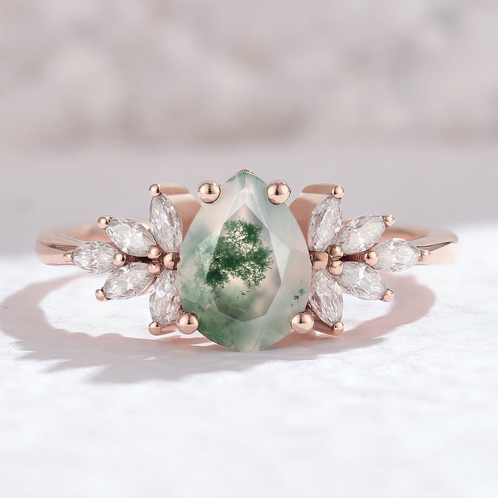 Nature Inspired Pear Cut Moss Agate Petal Side Engagement Ring