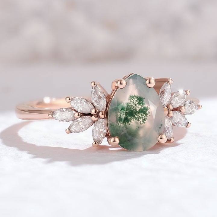 Nature Inspired Pear Cut Moss Agate Petal Side Engagement Ring