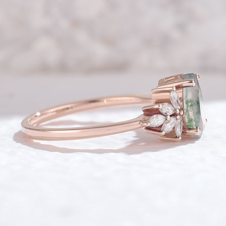 Nature Inspired Pear Cut Moss Agate Petal Side Engagement Ring