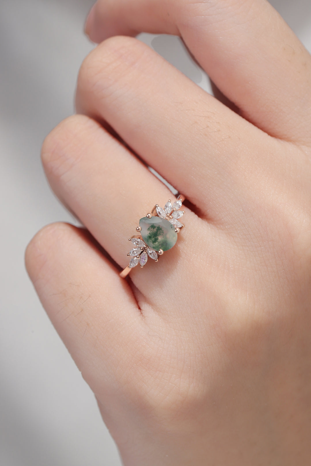 Nature Inspired Pear Cut Moss Agate Petal Side Engagement Ring