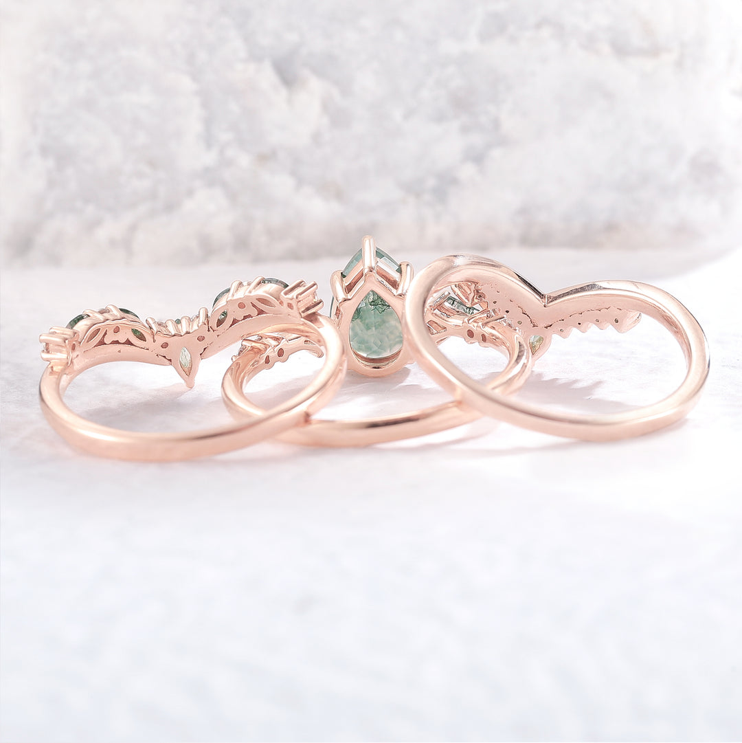 NatureInspiredPearCutMossAgateTreeShapedEngagementRingSet3pcs_4